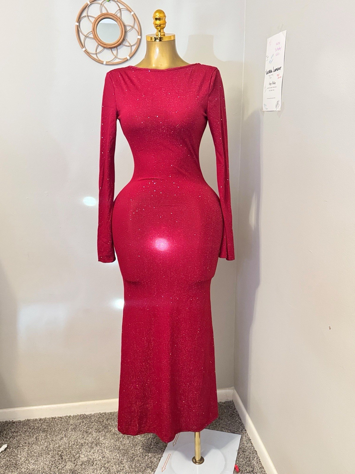 Sparkly Red Open Back Maxi Dress | Long Sleeve | Evening | Formal | Holiday