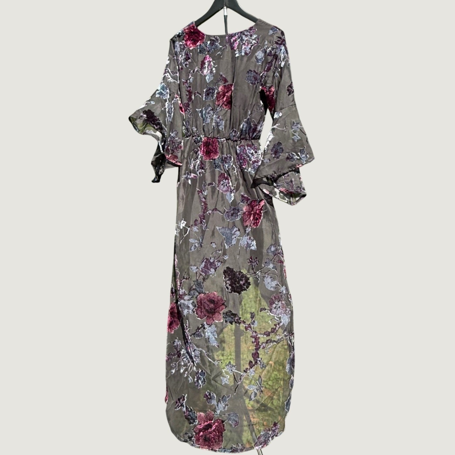 Flying Tomato Burnout Velvet Floral Maxi Dress Black High Low Bell Sleeve Wrap