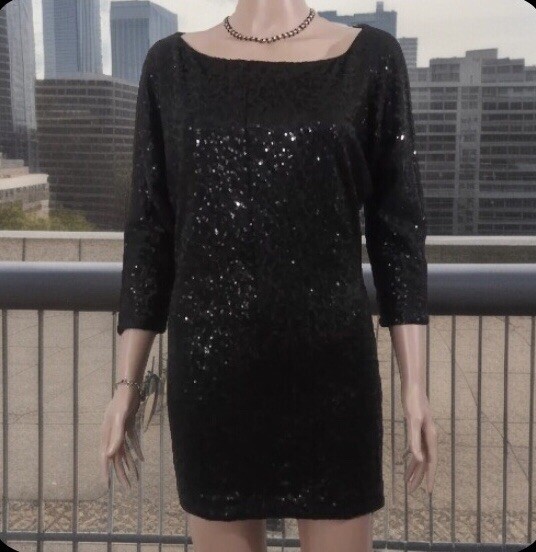Black Sequin Dress (SIZE TAG MISSING) Bust 32in Length 30in Boat Neck 3/4 Sleeve