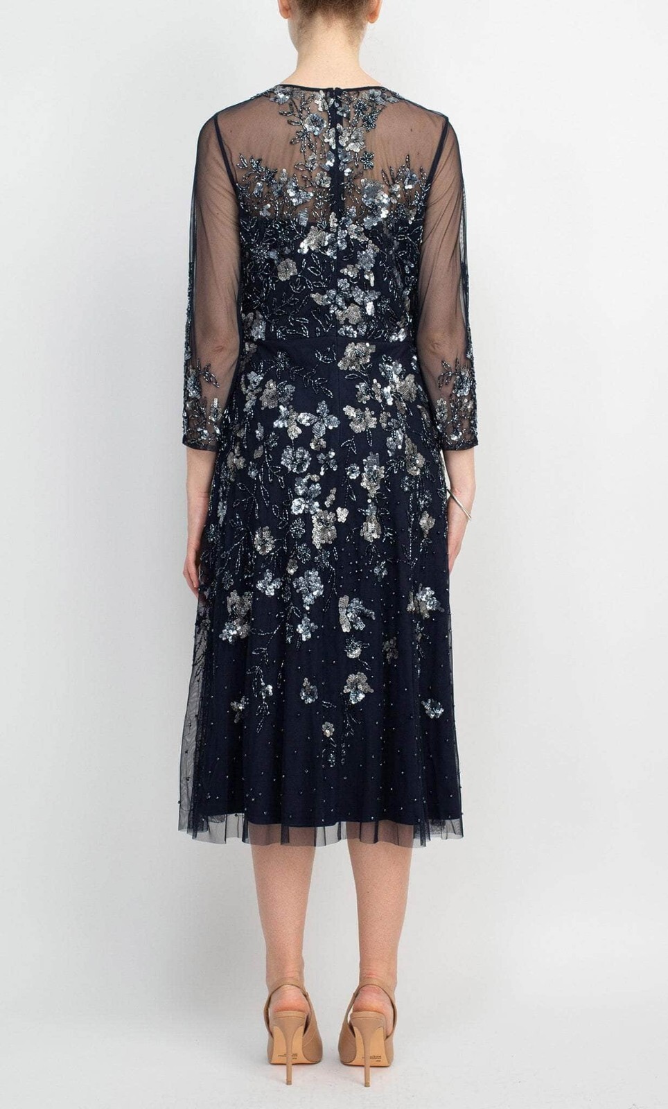 Adrianna Papell Floral Sequin Beaded Sheer Navy Dress NWT Size 6