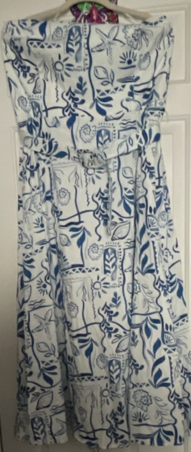 Rachel Zoe Abstract Print Long Sheath Dress Smocked Strapless Belted Sz 16