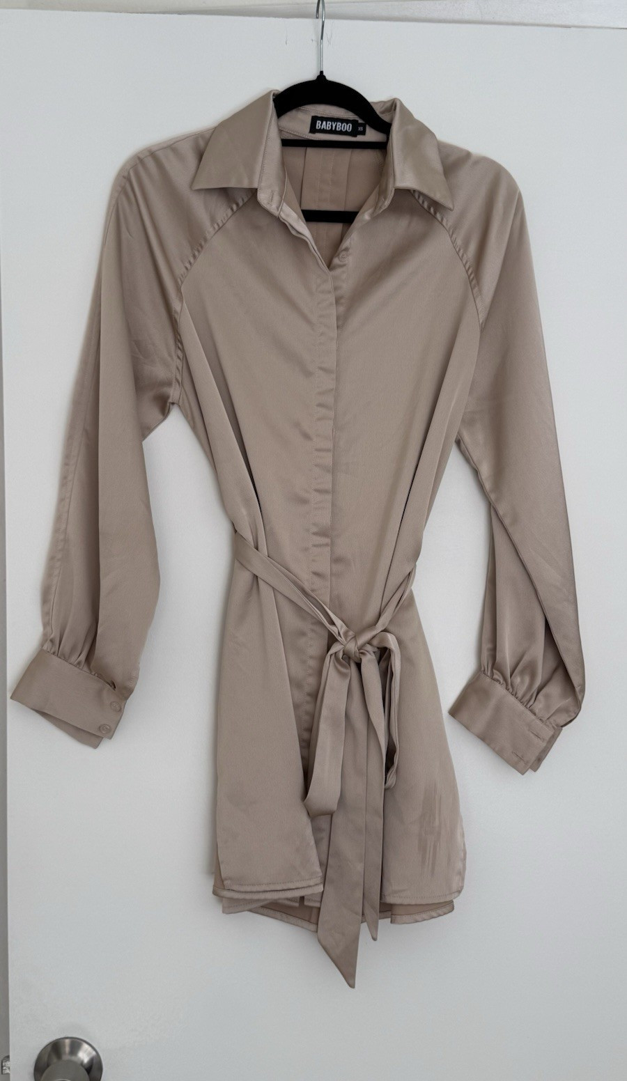 BABYBOO Satin Shirt Dress XS Beige Belted Mini Long Sleeve Button Front