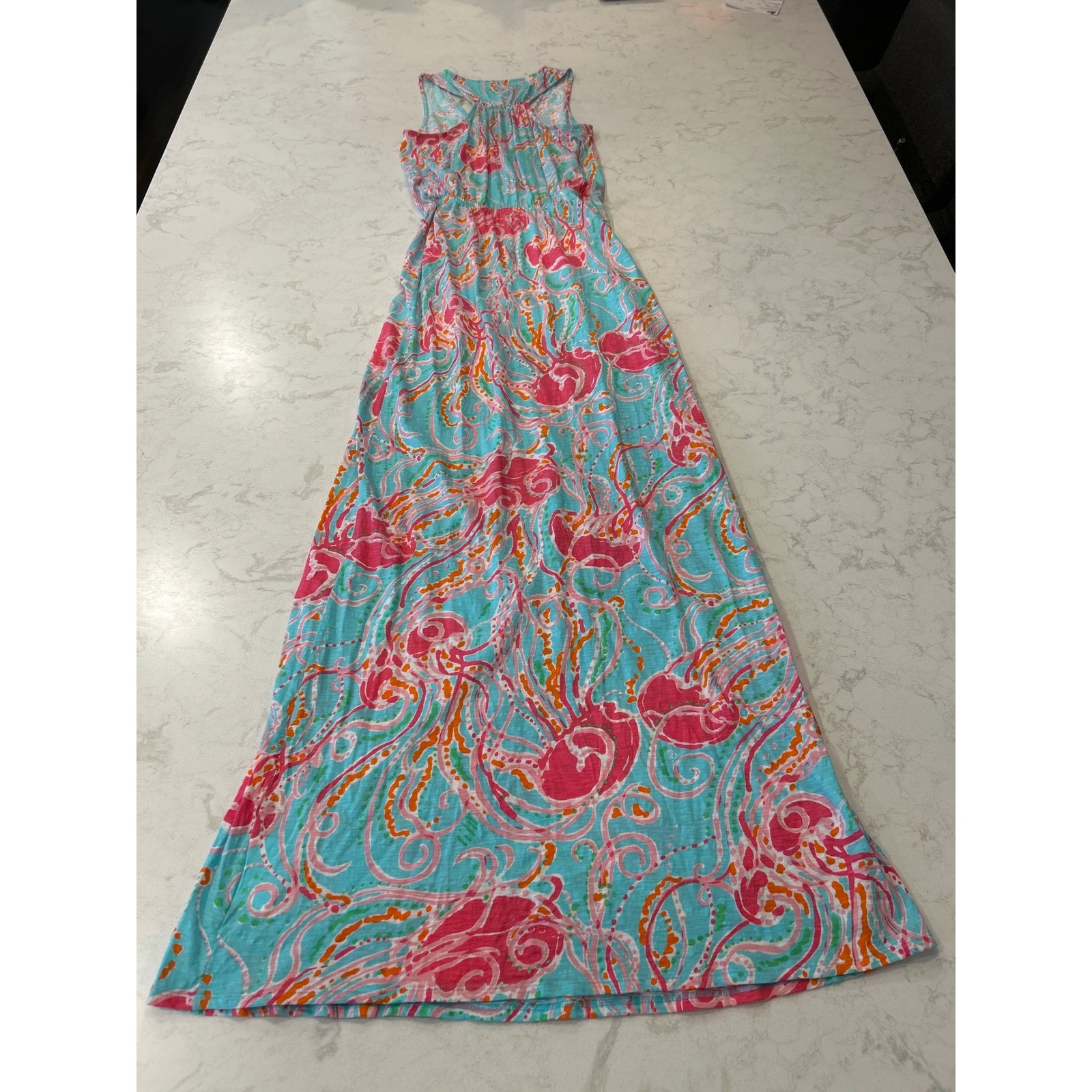 Lilly Pulitzer Jellyfish Jam Cotton Maxi Dress Blue Pink V-Neck Racerback Small