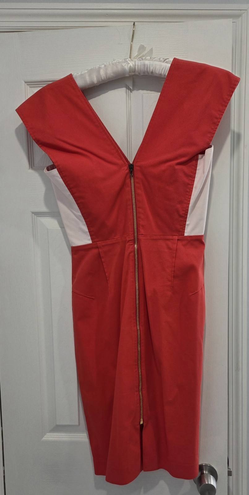 Roland Mouret Coral Red Colorblock Sheath Dress Gold Back Zip Sz US8/UK12