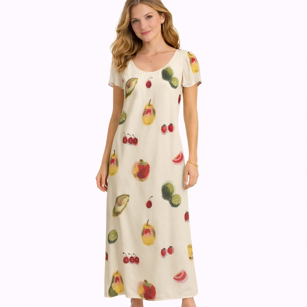 TESSUTO Vintage Fruit Print Maxi Long Dress 90s Rayon USA Made Sz M Ivory