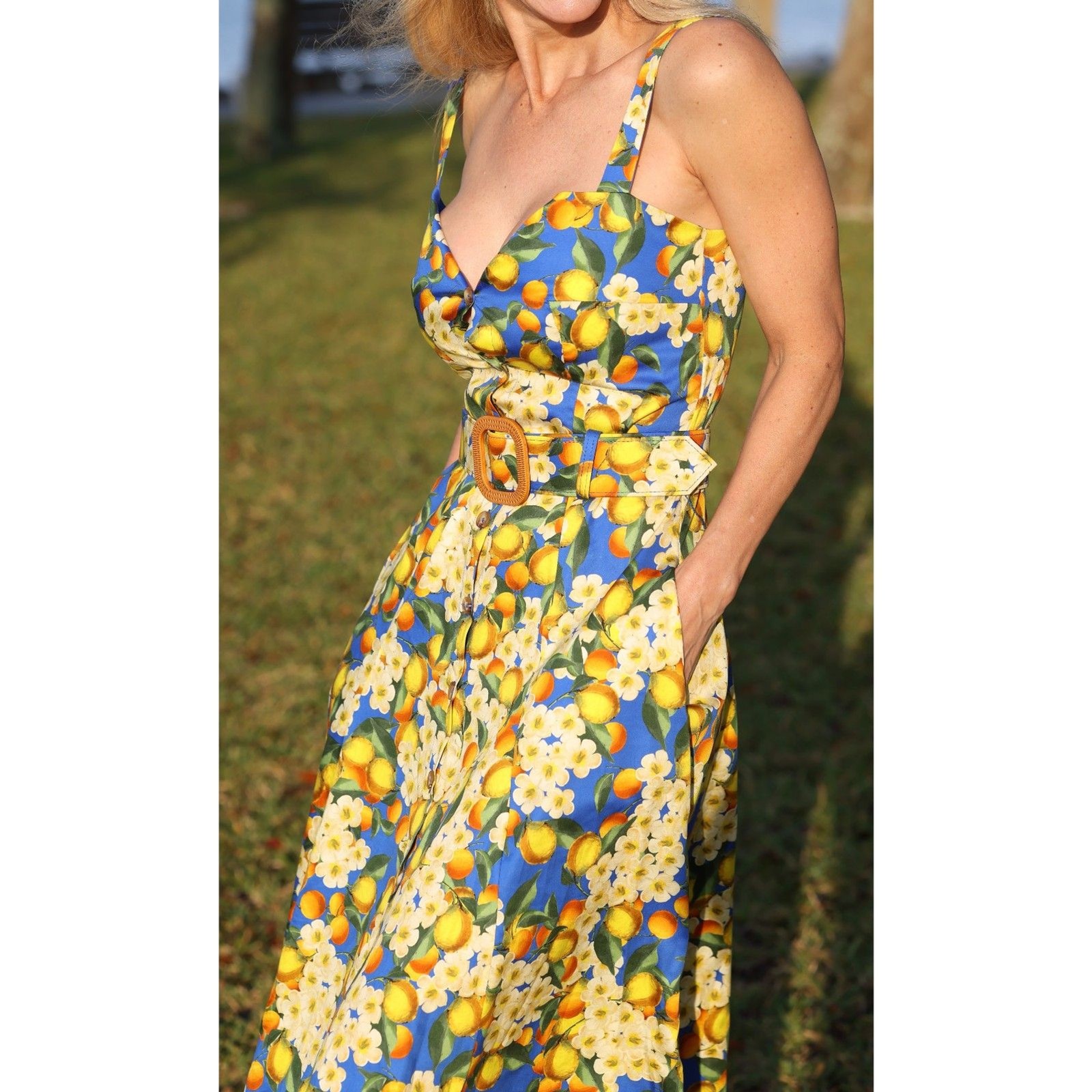 Borgo de Nor Lemon Blossom Citrus Print Midi Dress Size 8 Blue Button Front