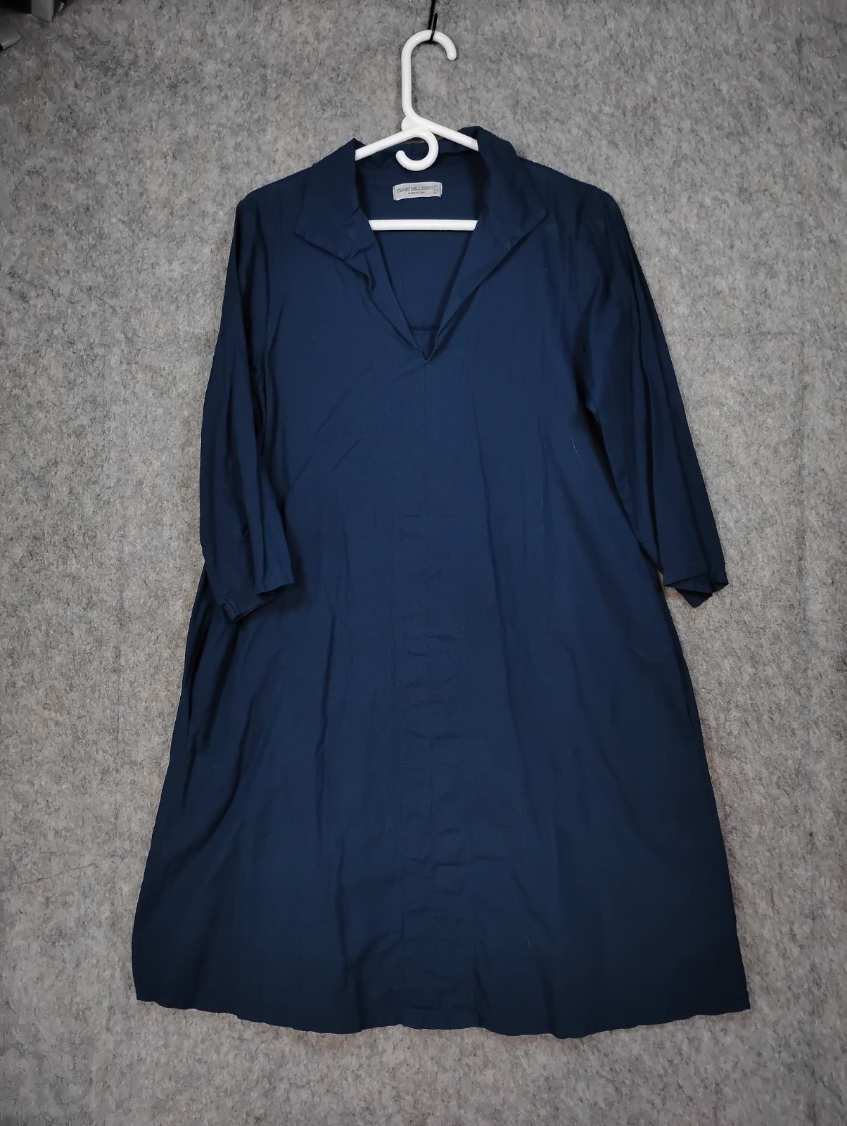 Terzo Millennio Navy Linen Blend V-Neck Tunic Dress Lg Made in Italy 3/4 Sleeve