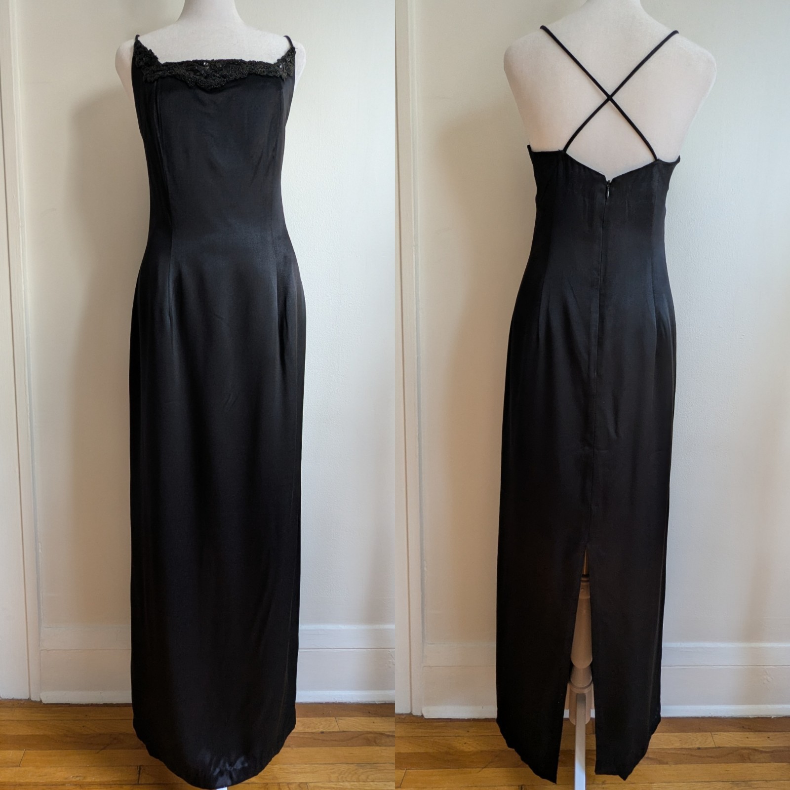 Vintage 90s Elegant Black Satin Sheath Gown With Beaded Bodice Square Neck 12