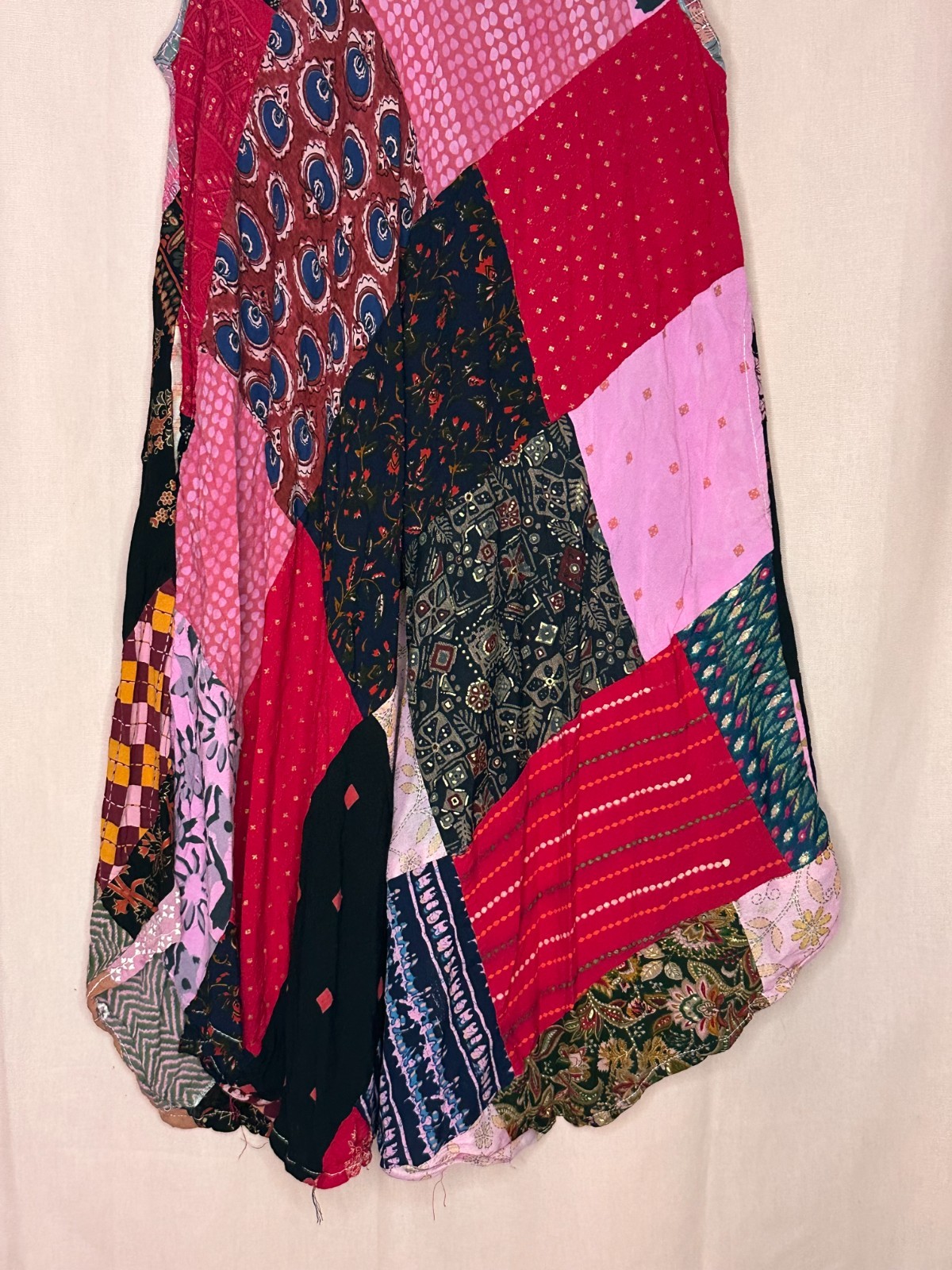 Oversized Patchwork Sleeveless Tunic Dress Boho Lagenlook Artsy Hanky Hem