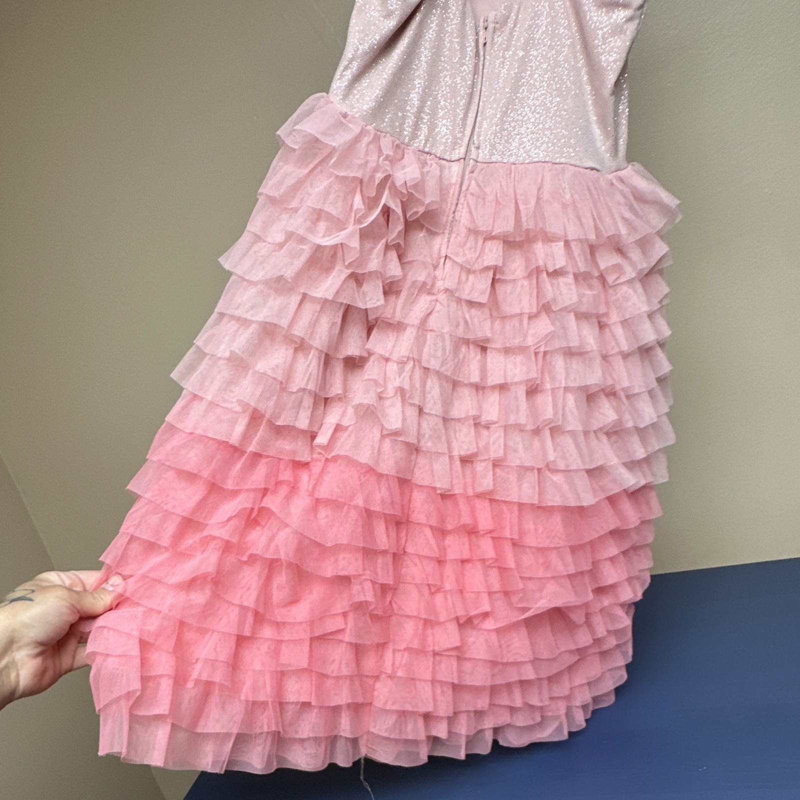 Women’s Pink Glitter High Neck Halter Ruffle Layered Tulle Dress S (bin3)