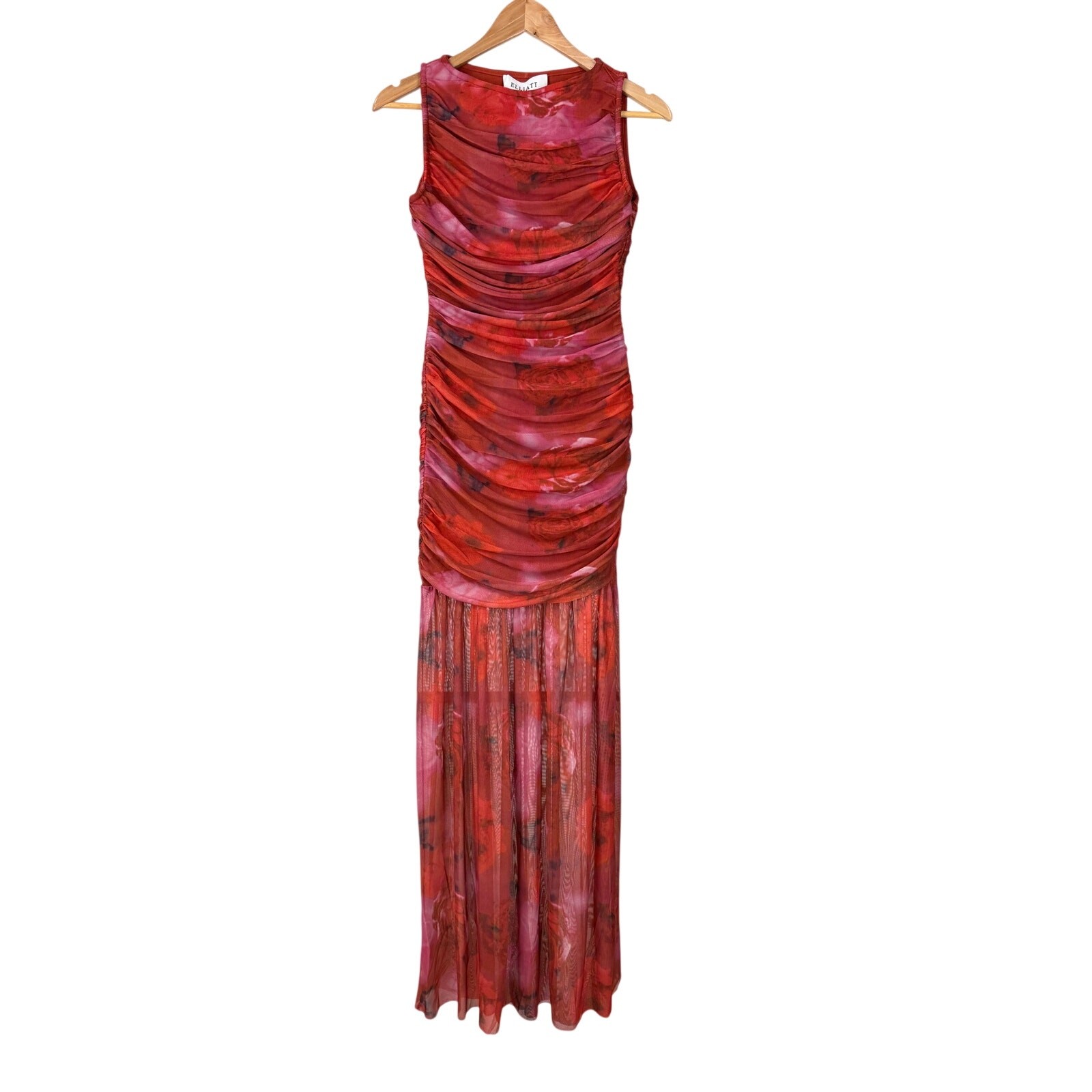 Elliatt NWT Elise Mesh Ruched Maxi Dress Red Motif Size S Sleeveless Bodycon
