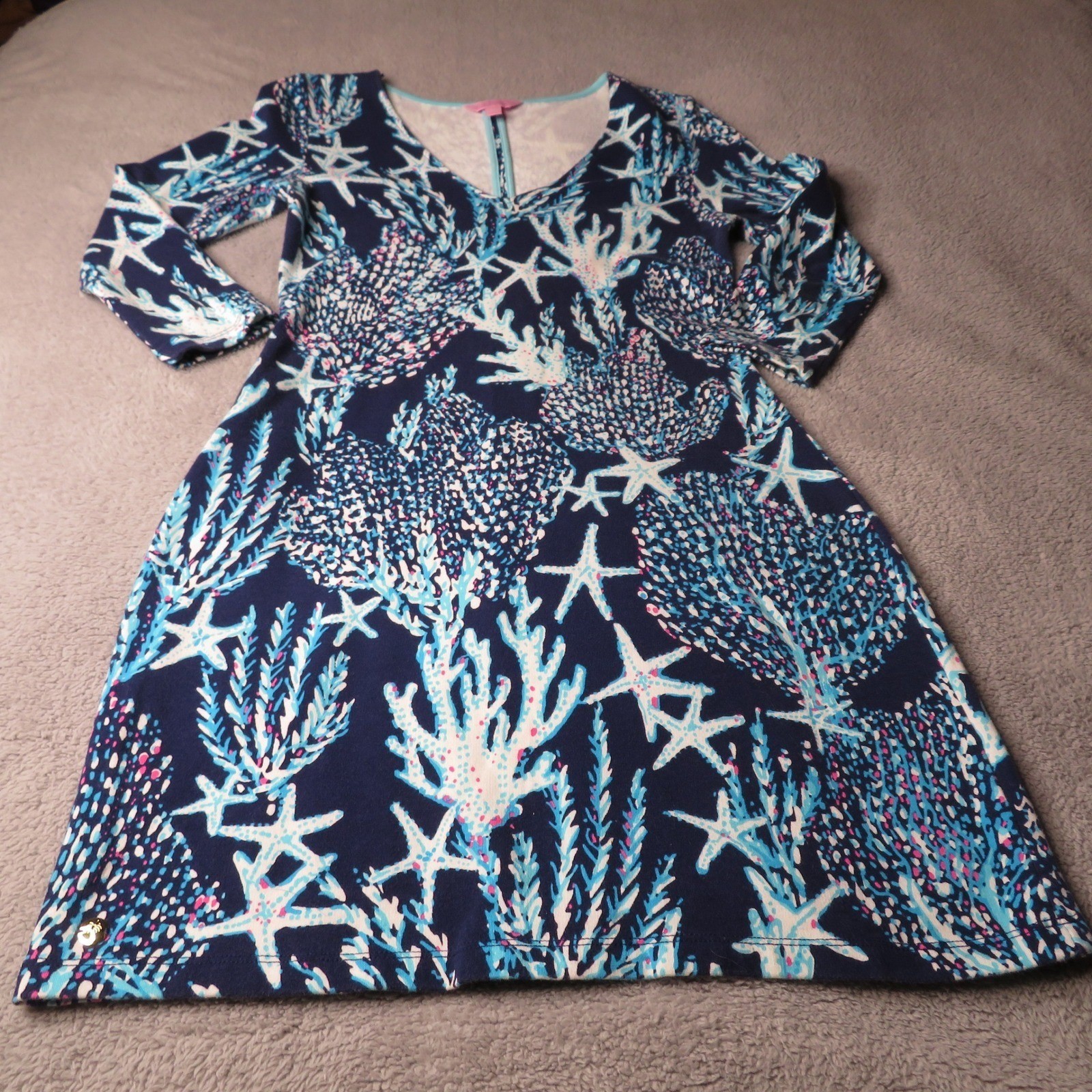 Lilly Pulitzer XS Navy Blue Coral Starfish Print V-Neck Long Sleeve Shift Dress