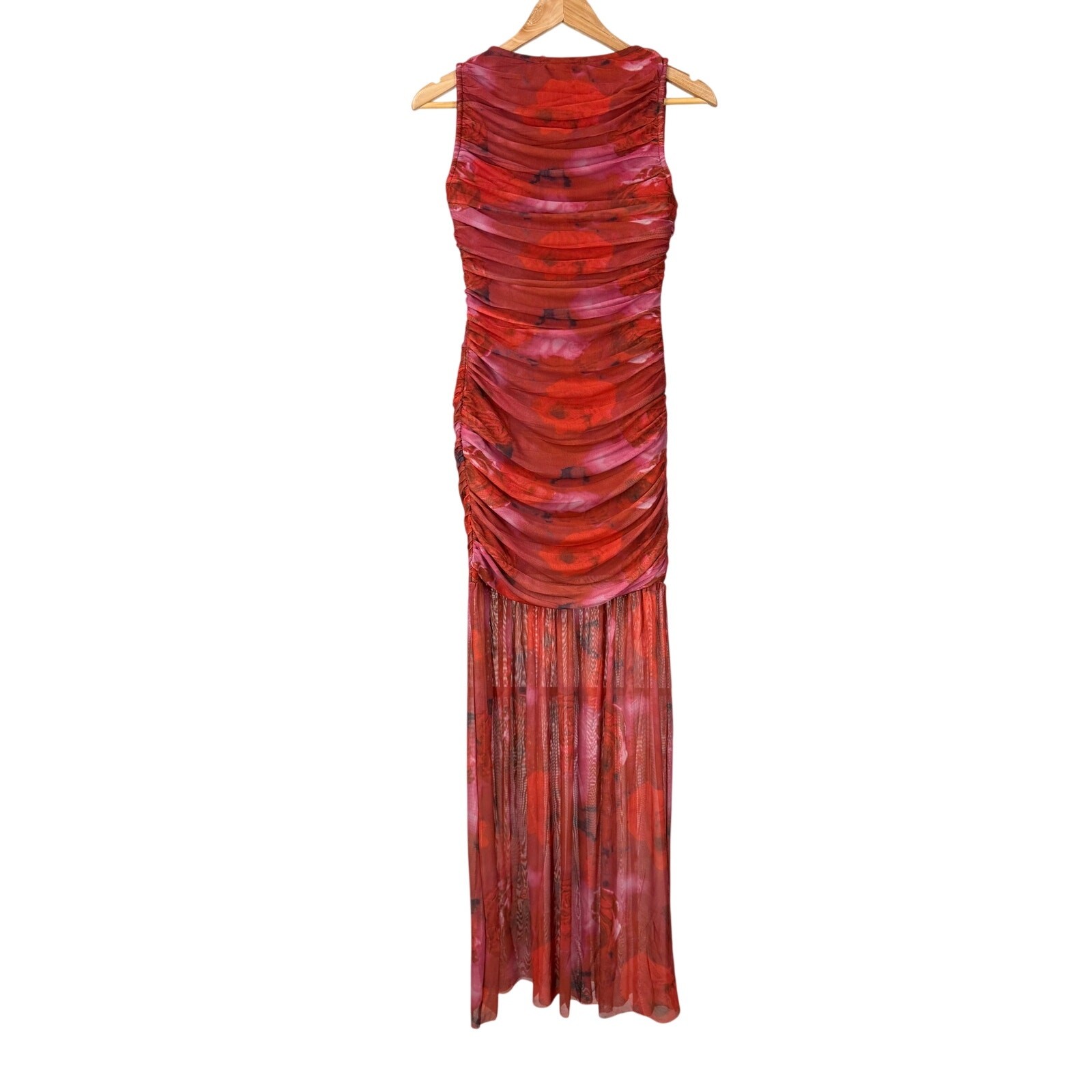 Elliatt NWT Elise Mesh Ruched Maxi Dress Red Motif Size S Sleeveless Bodycon