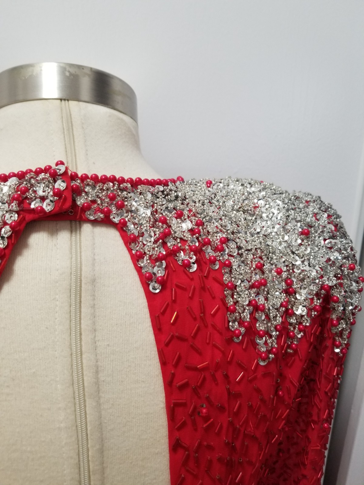 Red and silver beaded and Sequined long sleeve cocktail dress