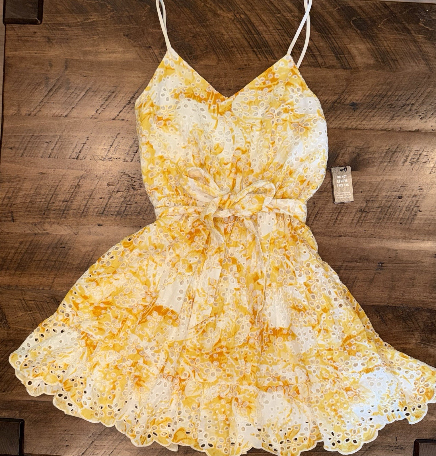 Express Eyelet Mini Dress Small NWT Yellow White Floral Tie Waist Sundress