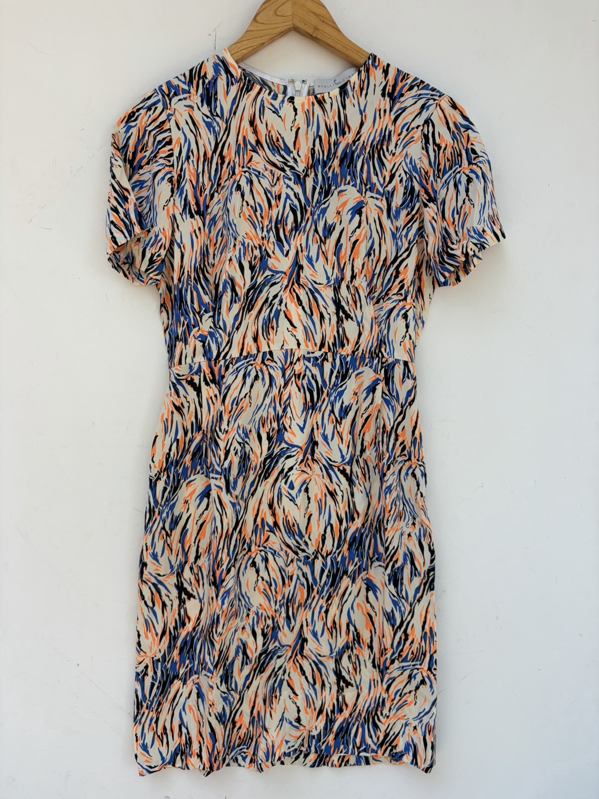 Stella McCartney Dress 38 Blue Orange Crew Neck Sheath Short Sleeve Silk