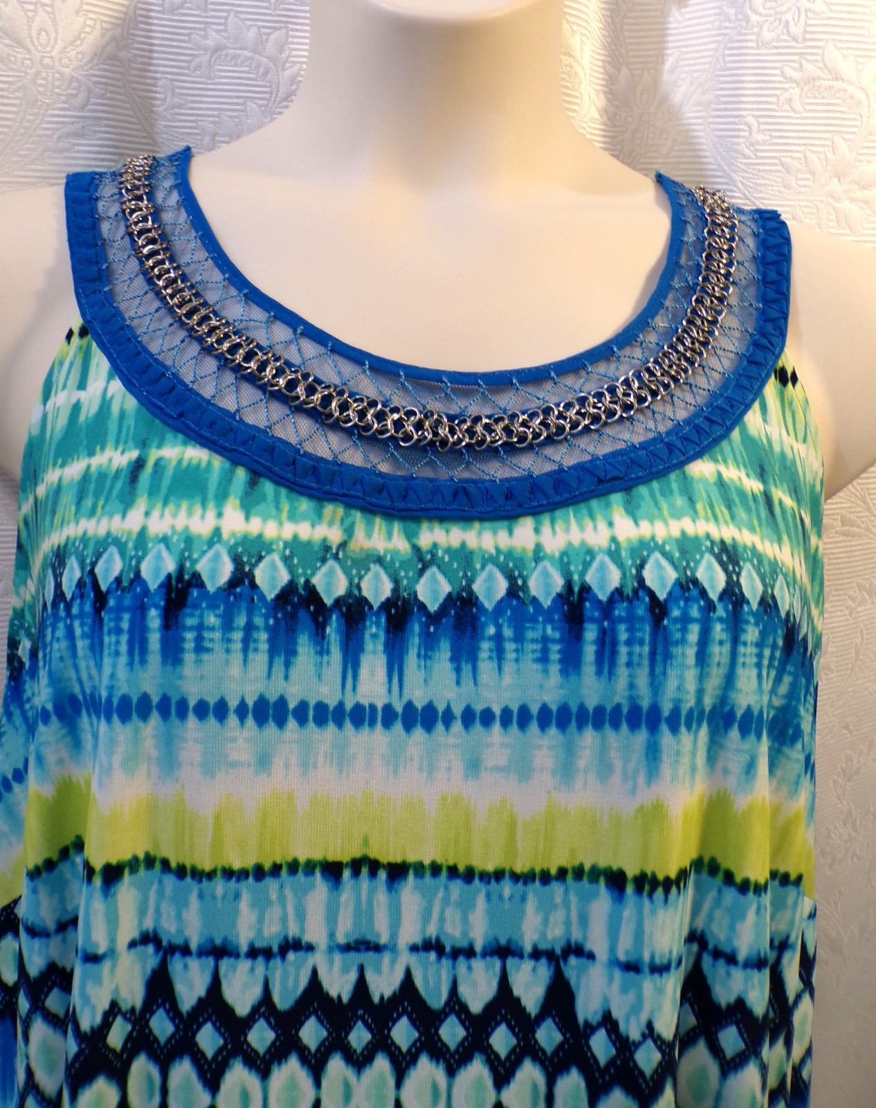 Catherines Blue Green Yellow Stripe Chain Detail Sleeveless Knee Dress Size 1X