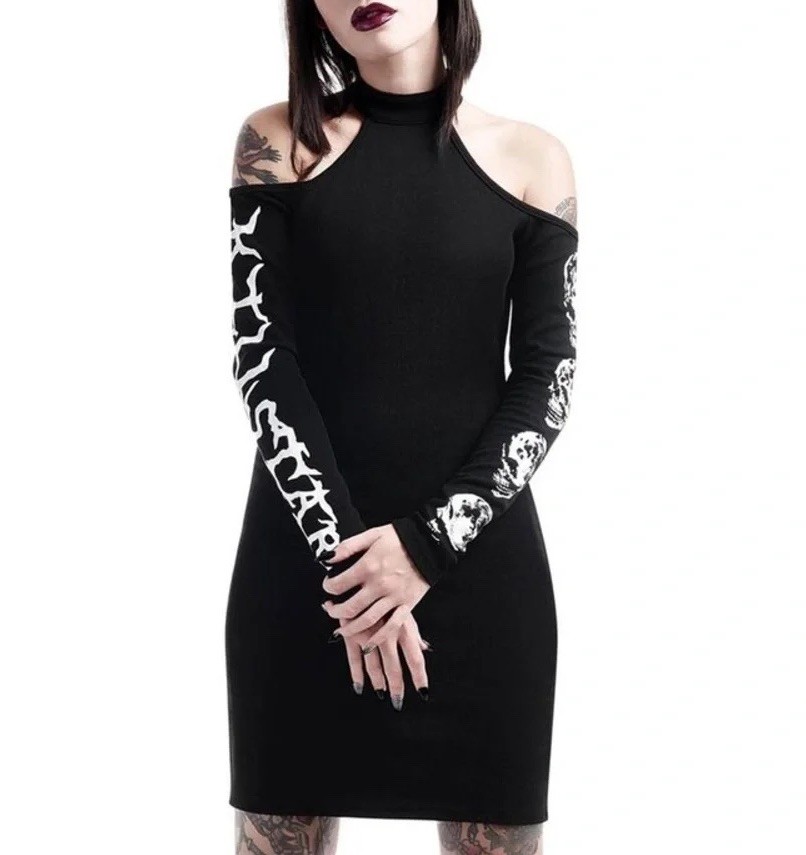 KILLSTAR Luna Morte Skull Print Knit Cold Shoulder Bodycon Mini Dress Black S