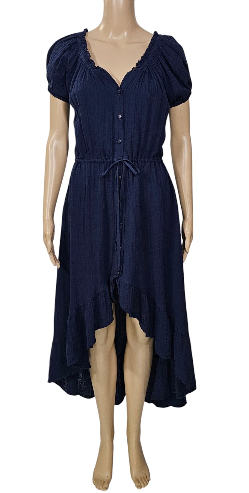 STARK X NWT $240 Navy Blue Caan Cotton Gauze V Neck Asymmetric Hem Midi Dress XS