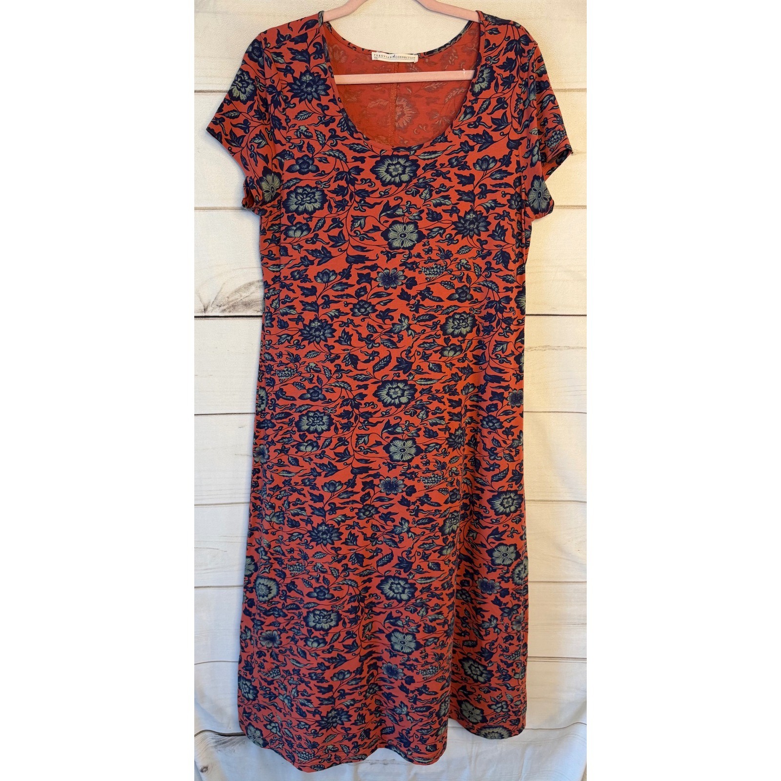 Peruvian Connection Womens Large Floral Cotton Lycra Midi Dress Orange Navy Blue