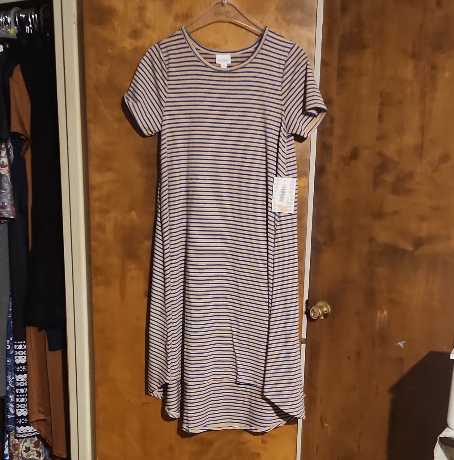 LuLaRoe Tan Blue Striped Knit Round Neck Pullover Midi T-Shirt Dress XS