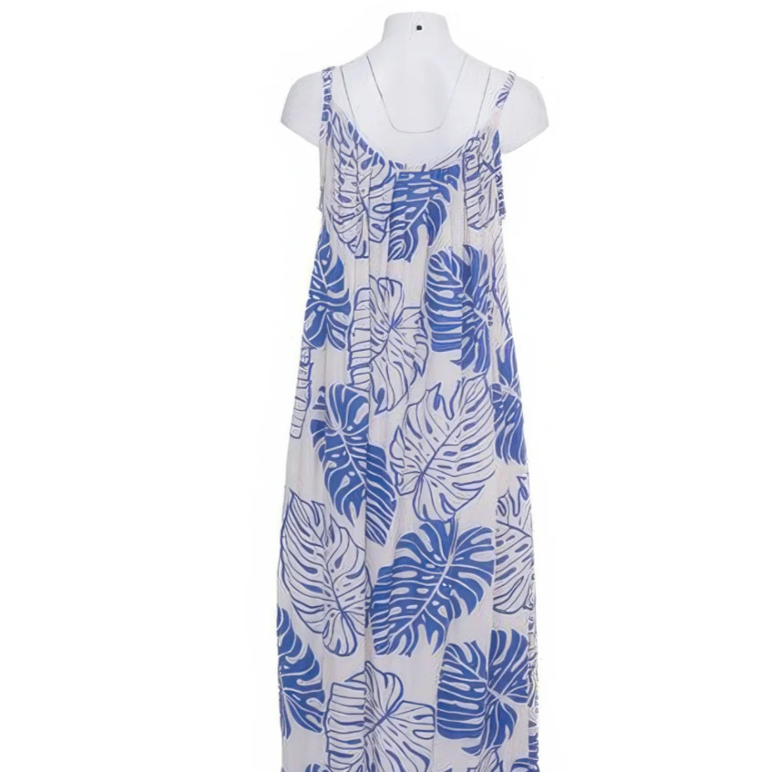 Napua Collection Honolulu Reverse Monstera Blue Rayon Knee Length Sun Dress NWT