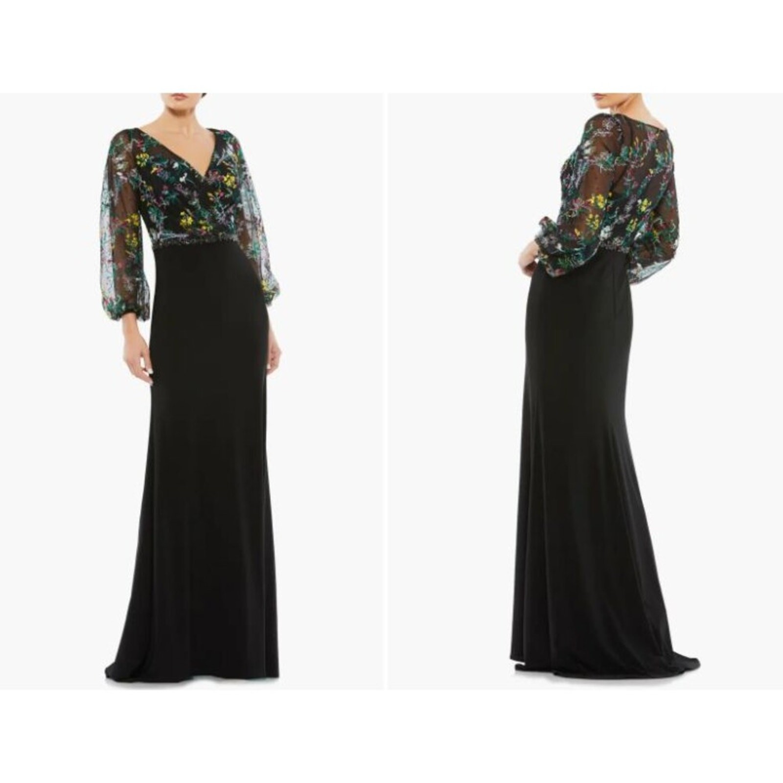 Mac Duggal Embroidered Illusion Puff Sleeve Column Gown Black Multi Women’s 6