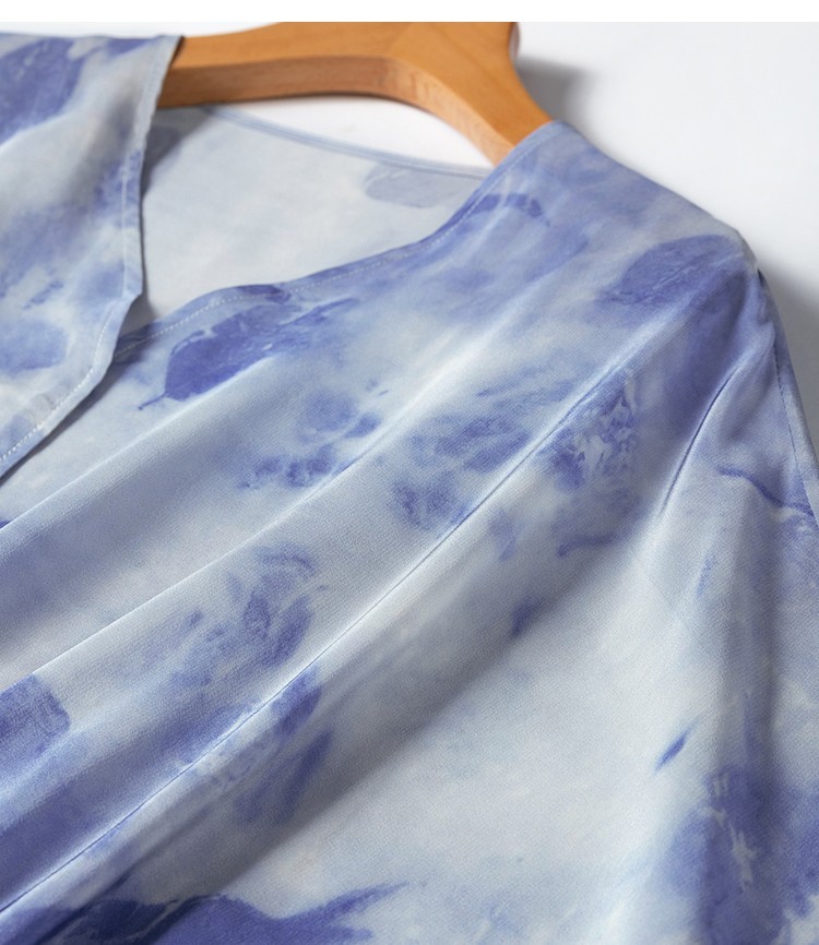 100% Mulbery Silk Light Blue Printed Short Sleeve Women A-Line Midi Dress M1357