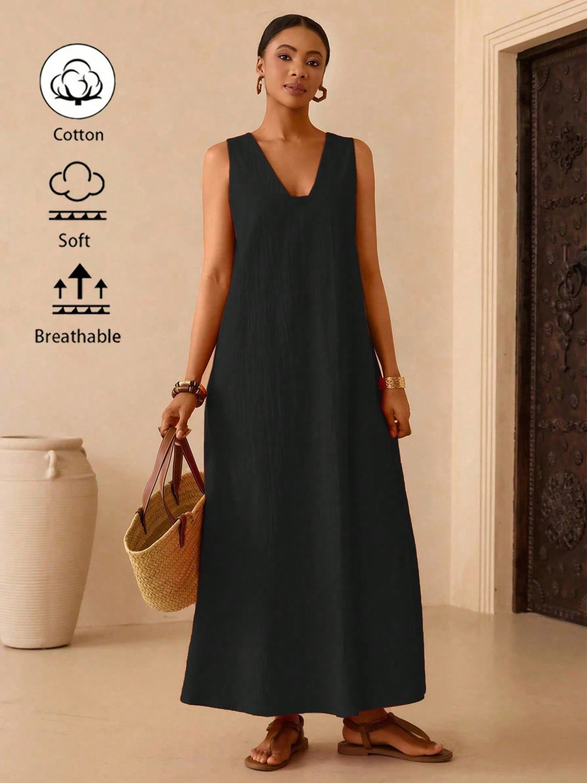 Womens Breezy Long V Neck Dress