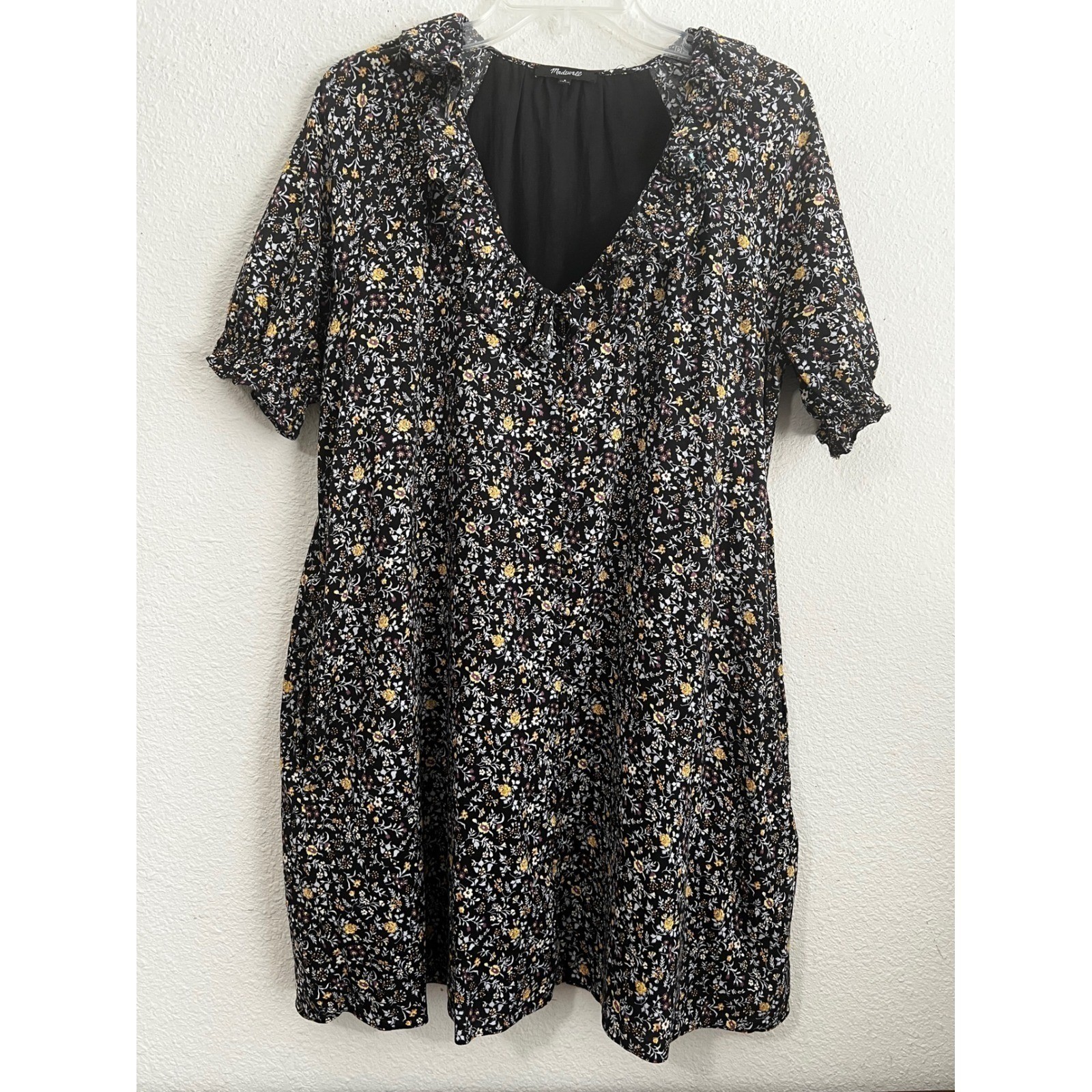 Madewell Ruffle Button Front Trapeze Mini Dress Folkmagic Garden BlackClassic