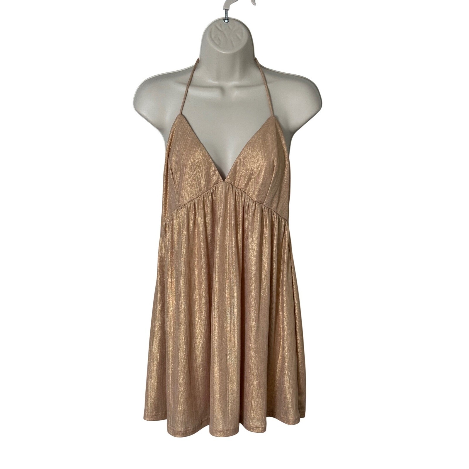 Superdown Margo Gold Champagne Metallic Halter Mini Shift Dress Party Club L