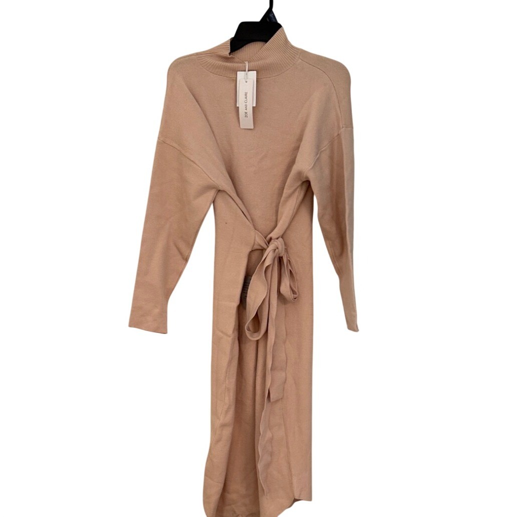 Zoe and Claire Mock Neck Tie Waist Knit maxi Sweater Dress beige NWT