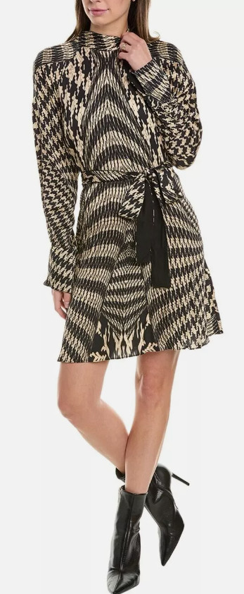 REISS Ester Placed Monochrome Black & Cream Dogtooth Print Mini Dress UK8 UK10