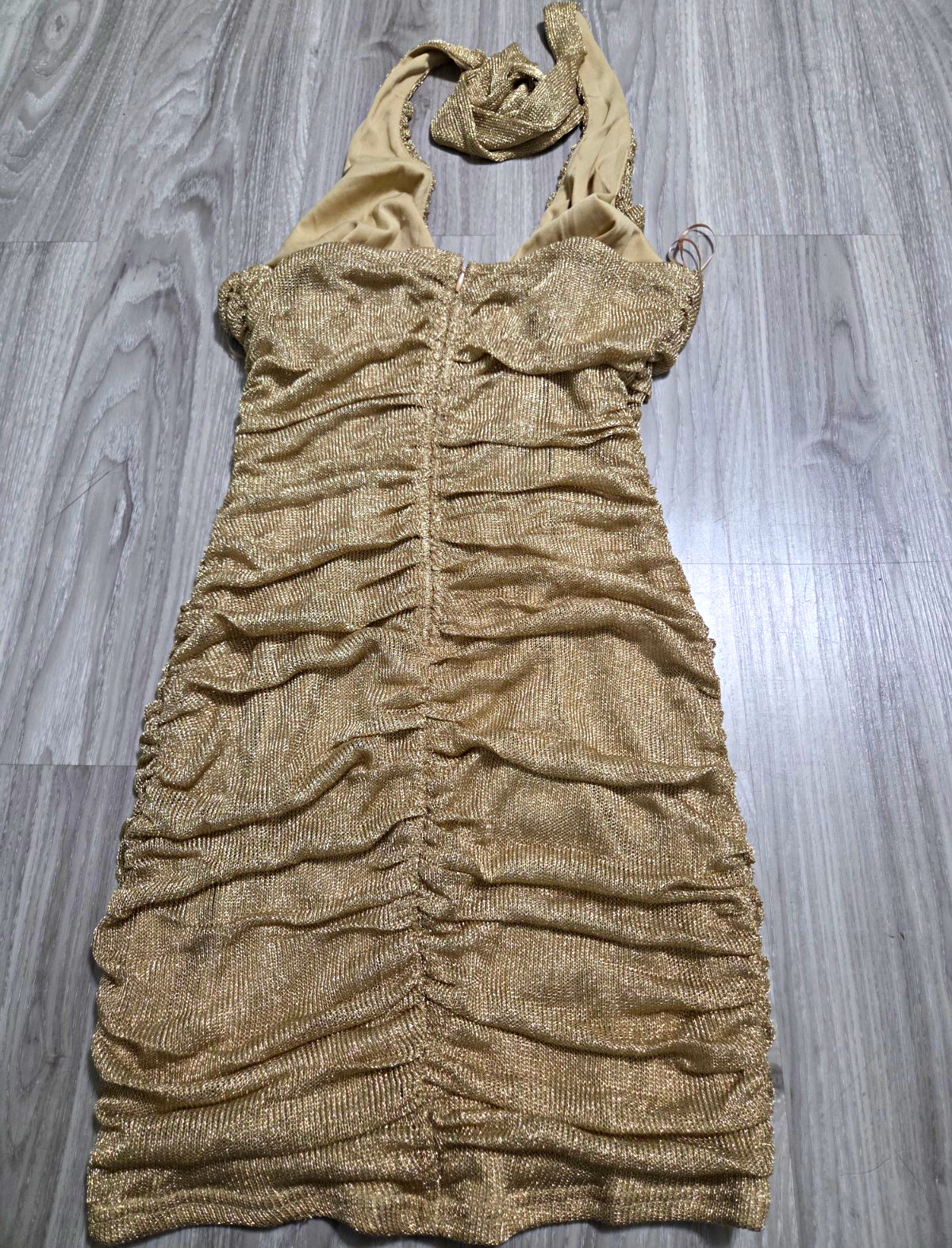 EDGE Women’s Gold Ruched Halter Mini Dress L Knit Polyester Zip Solid