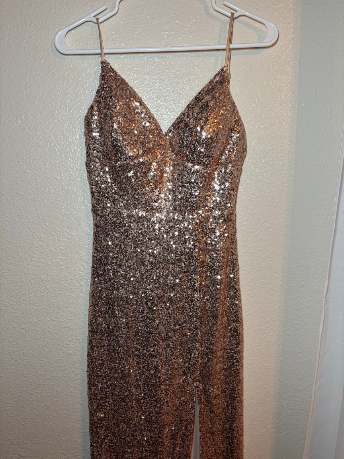 B Darlin Copper Sequin Spaghetti Strap Formal Gown Slit 5/6 Prom *Sm Flaw.