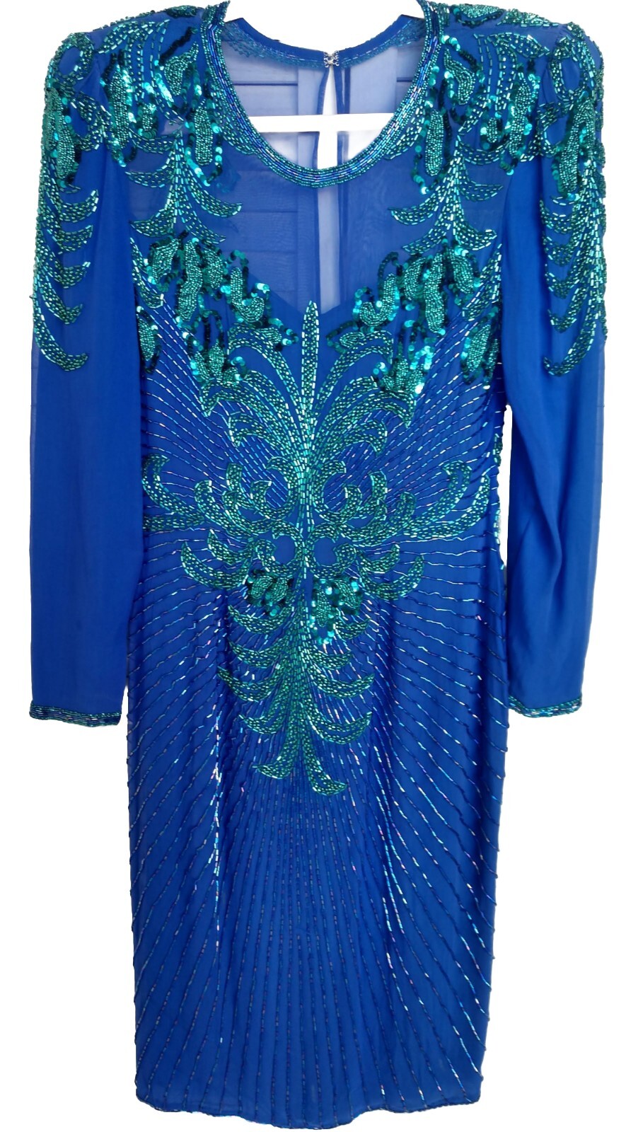 A.J. Bari Vintage Womens Blue Green Beaded Shift Silk Cocktail Dress Size 4