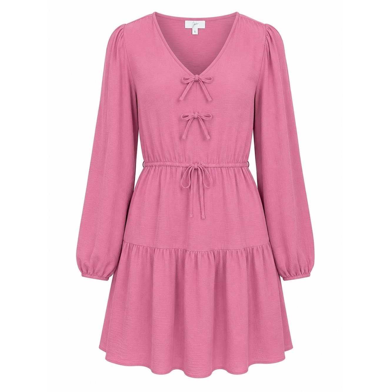 JOIE | Pink Bow Front Tiered Balloon Sleeve Boho Mini V-Neck Dress Coquette | L