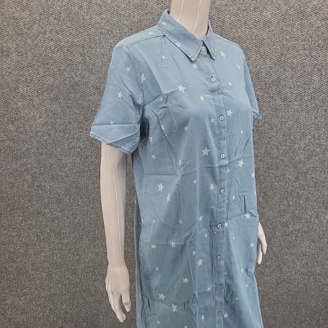 Denim Co Stretch Lyocell Star Printed Short Sleeves Shirt Dress Small Size Blue