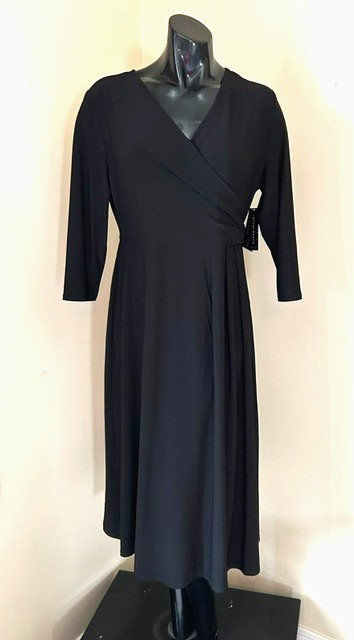 NWT Investments black midi faux-wrap dress 3/4 sleeve v-neck size L stretch