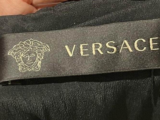 Versace Medusa Gold Logo Button Strappy Lace Side Black CocktaDress US 0 2 IT 36