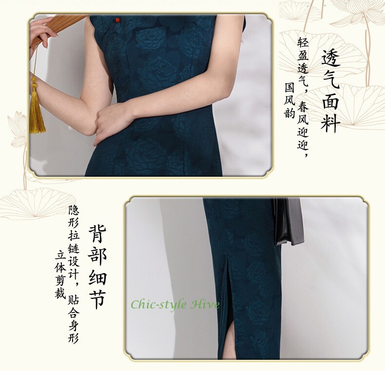 Summer Blue Jacquard Cheongsam Retro Long Style Young Slim Fit Qipao Dress