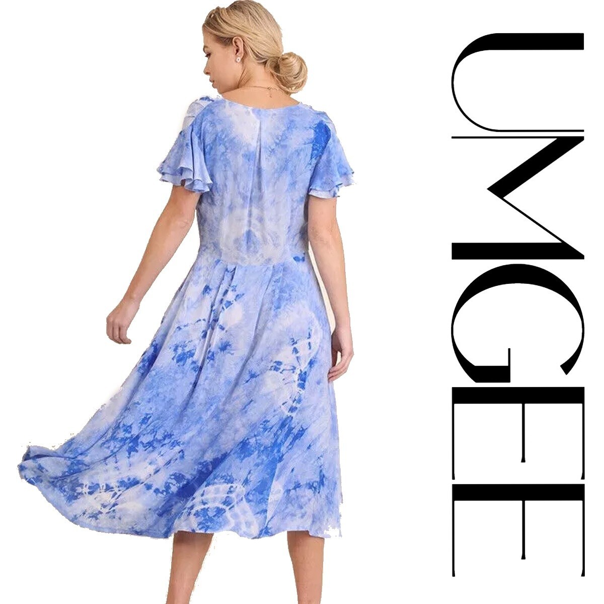 NWT SIZE M UMGEE SKY BLUE Tie Dye Flutter Sleeves Side Pocket Midi Dress BHCS