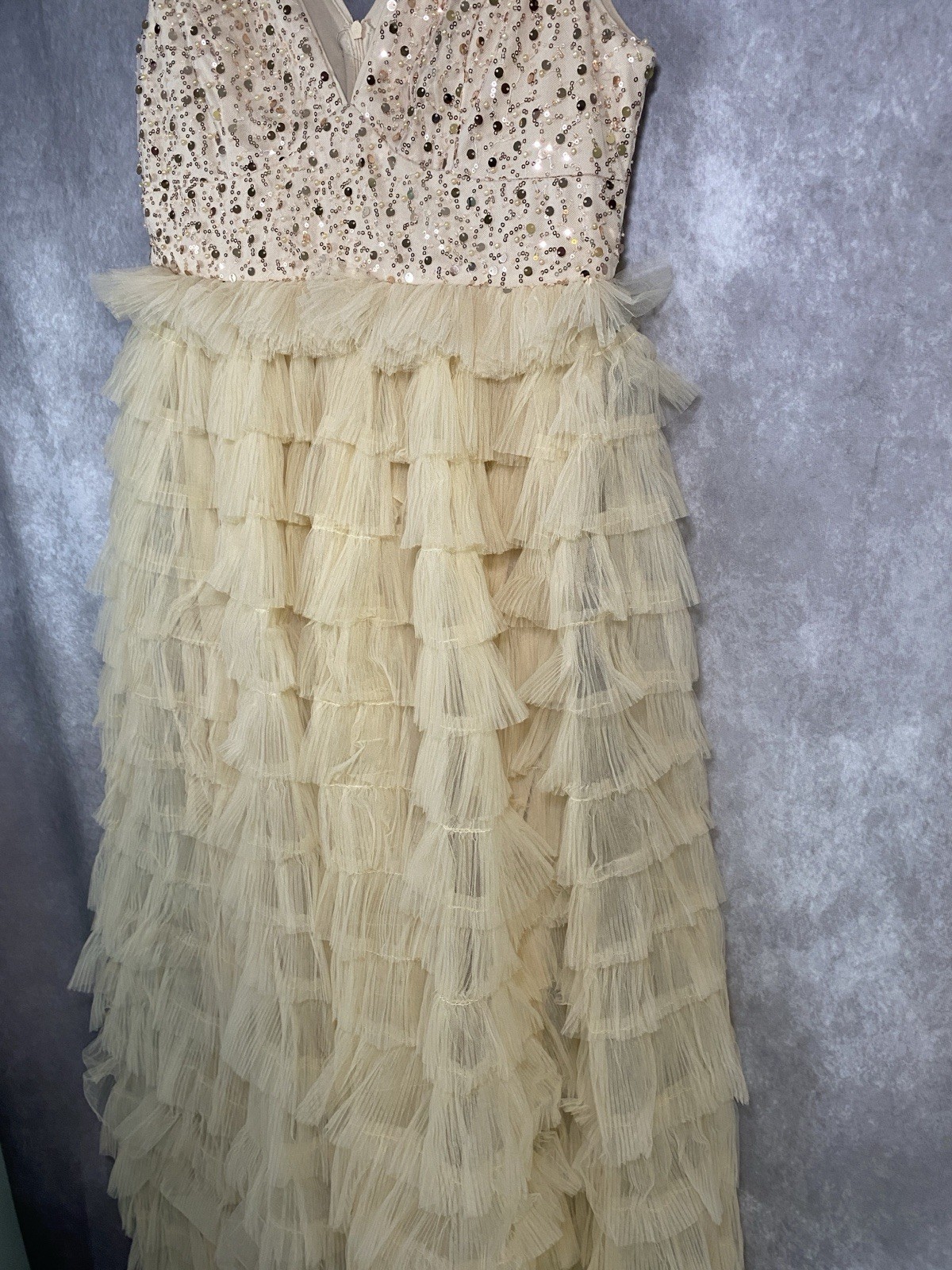 Glam Faeriesty Whimsical Prom Dress Size XL Ruffle Sequin Tulle Cream