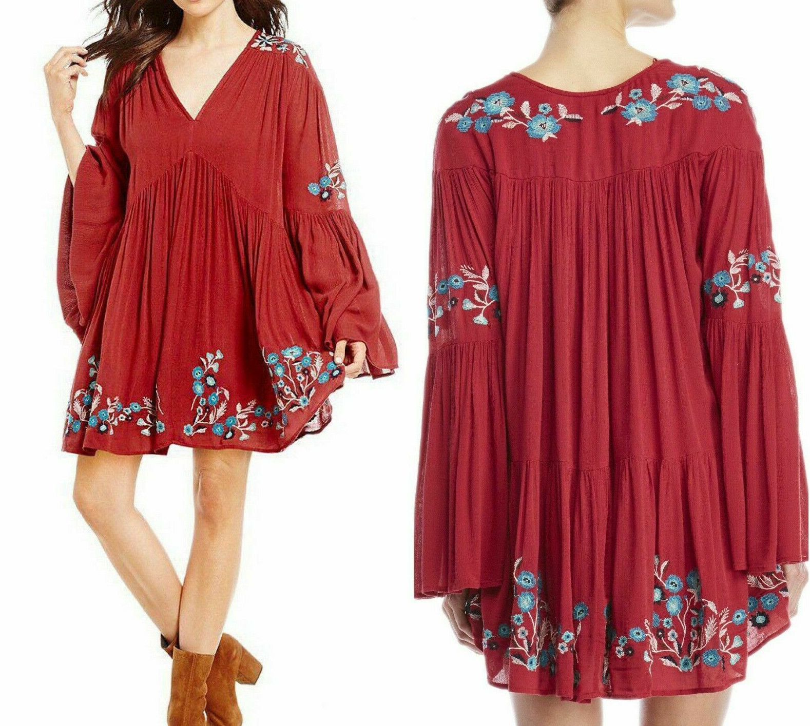FREE PEOPLE TE AMO MINI DRESS Sz XS FLORAL EMBROIDERY RED COMBO BOHO NWT $148
