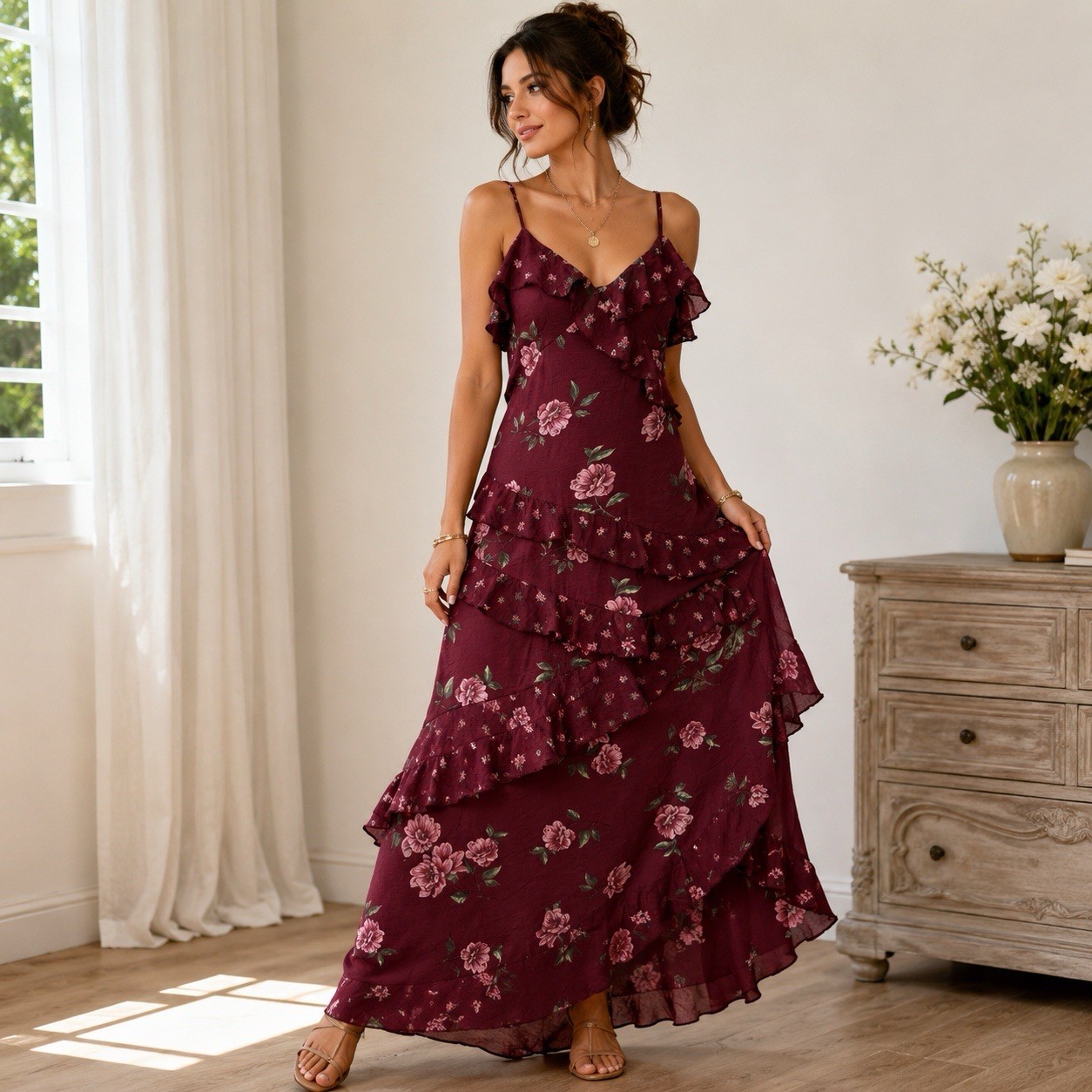Y2K Fairy Romantic Floral Ruffle Maxi Cami Slip Dress Cottage Boho M Bias