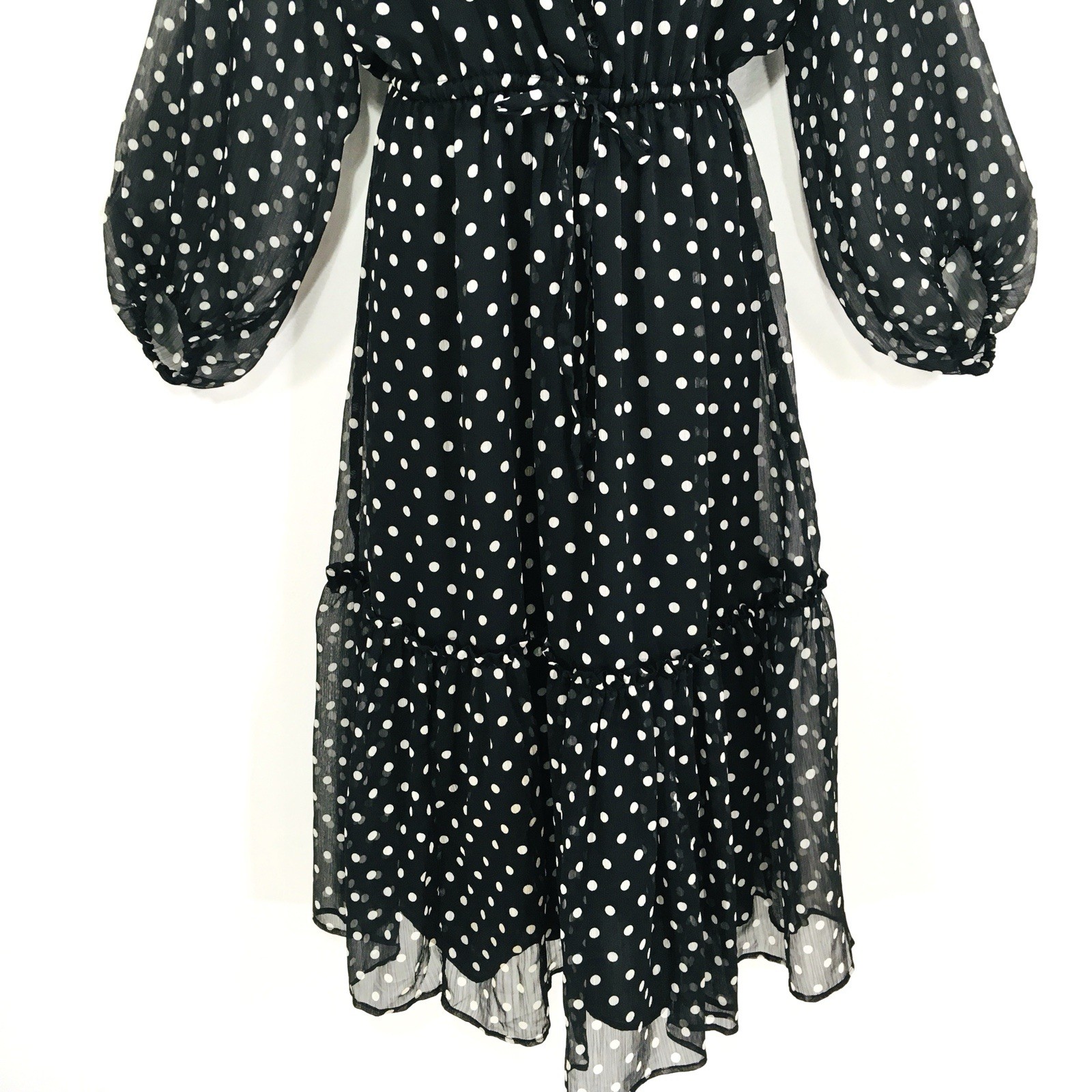 On 34th Polka Dot Chiffon Dress Sz L Sheer Sleeves Stretch Waist Fairy Whimsy