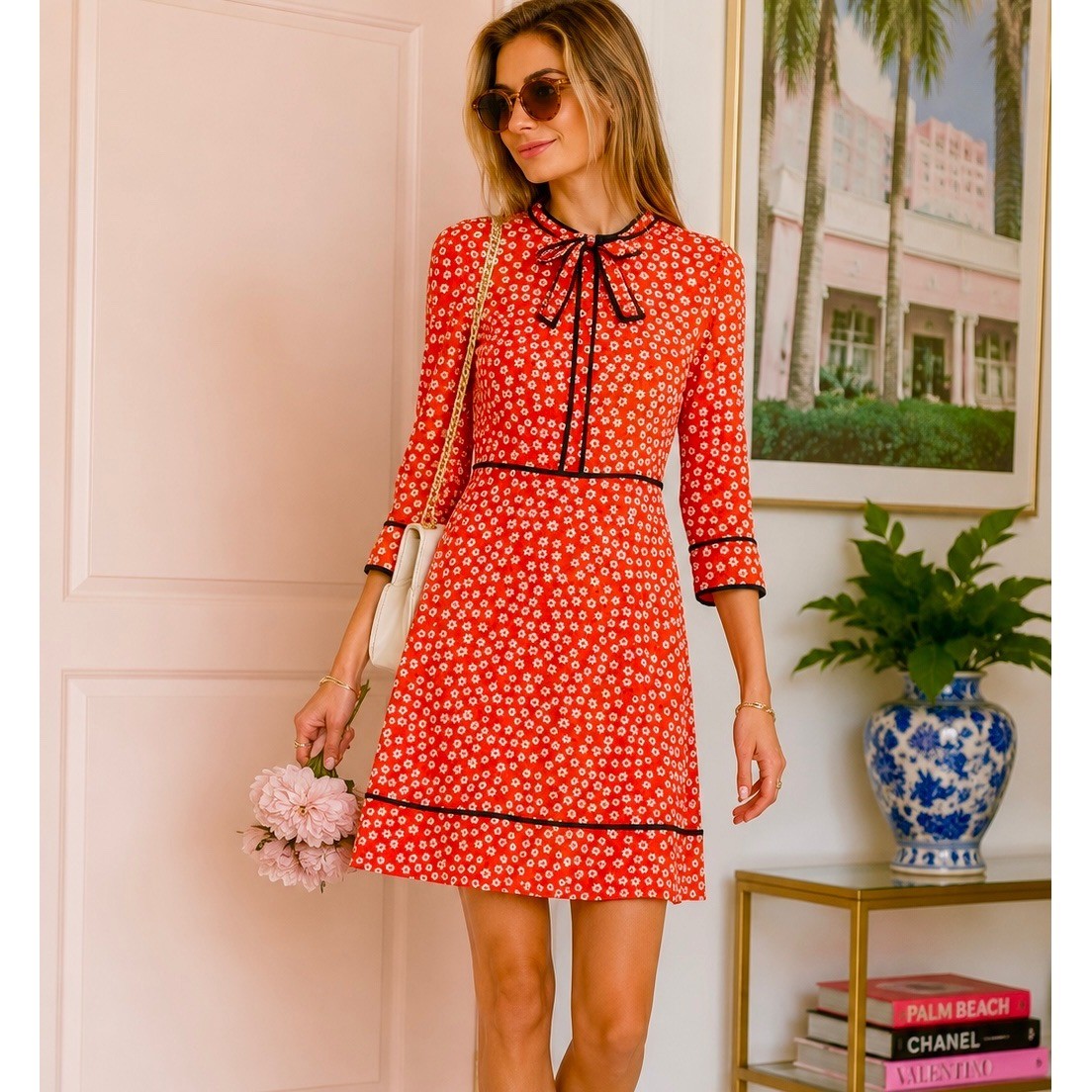 CeCe Red Ditsy Floral Pussy Bow cottagecore Dress 3/4 Sleeve retro Mini mod 6