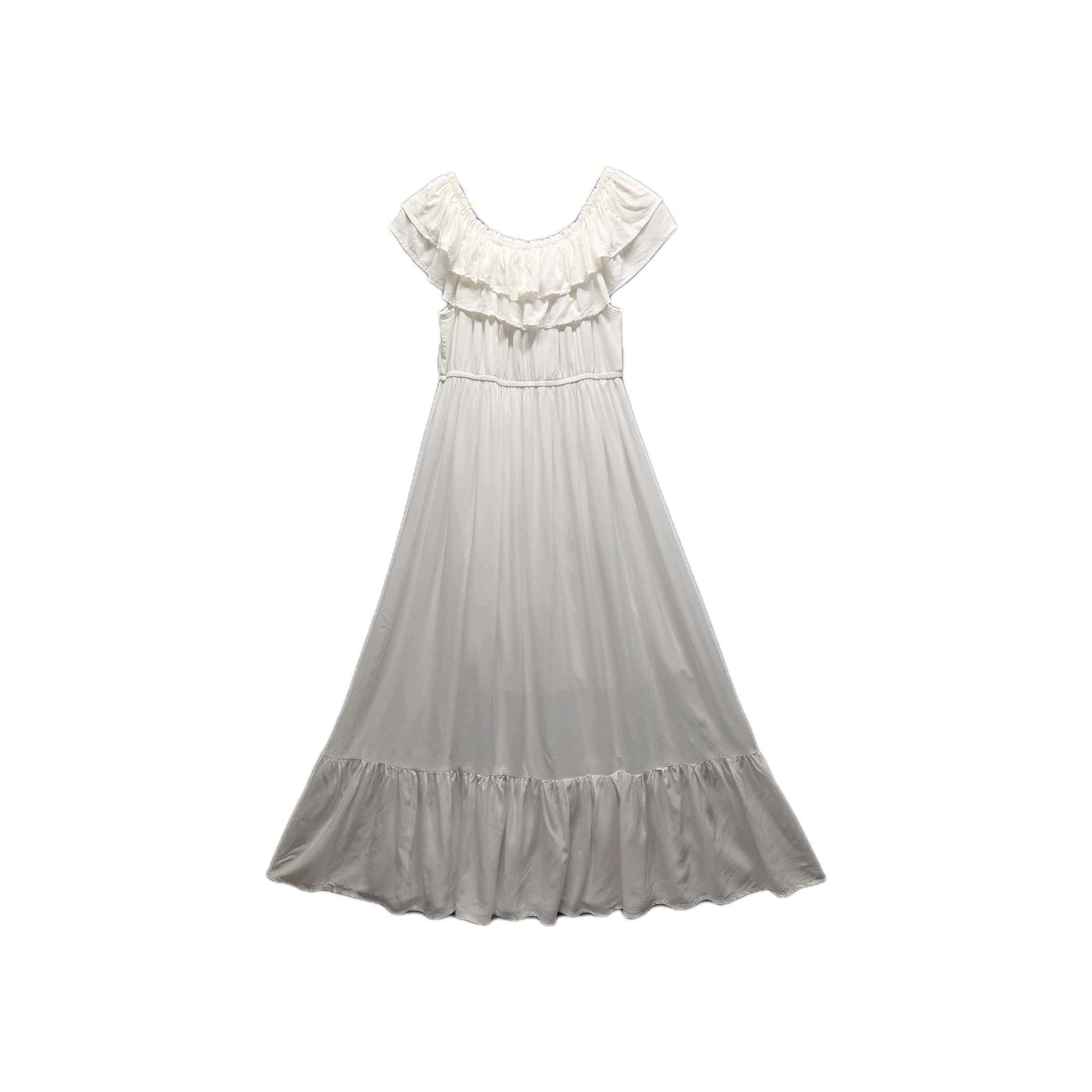 White Cottagecore Maxi Dress Off Shoulder L Cotton Blend Vacation Honeymoon