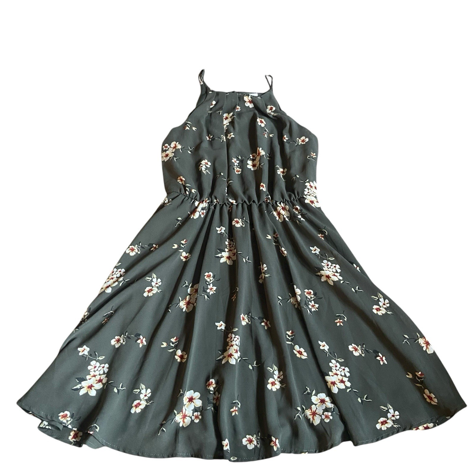 Blue Rain Women’s Sz Medium Green/Floral Elastic Waist Pleated Strap Dress Midi