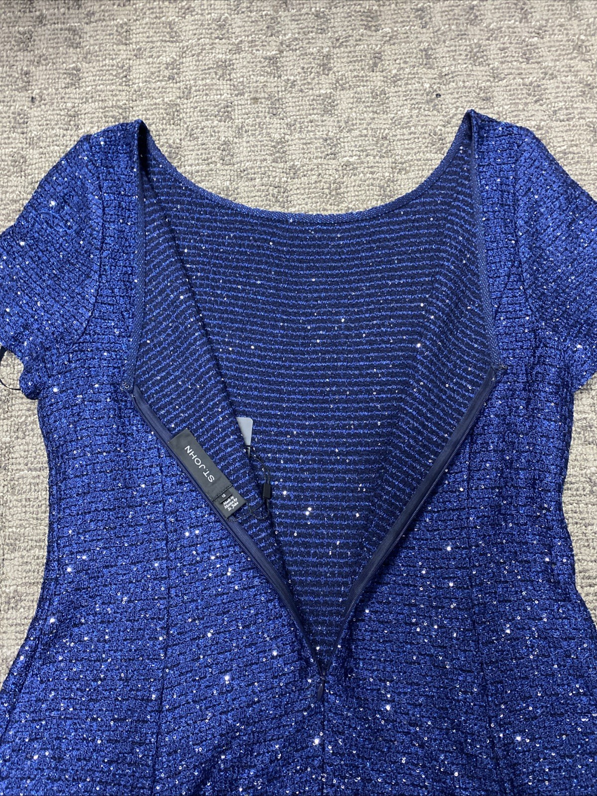 NWT St. John Sequin Textured Boucle Knit Dress Navy Multi Blue Women’s 12